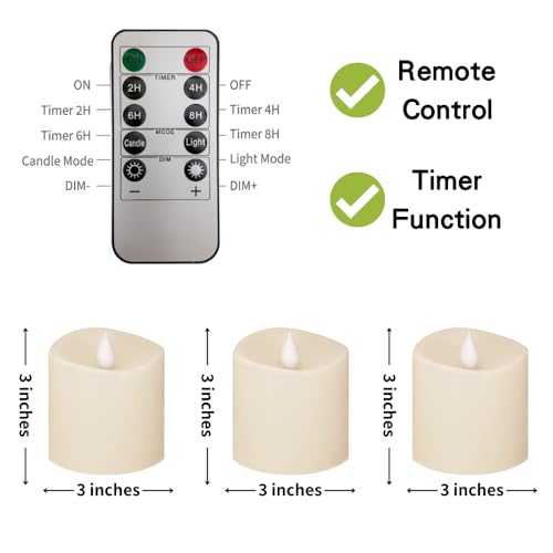 Image of 3x3 Flickering Flameless Candles Set of 3,3 inch Real Wax LED 600 Hours Battery Candles with Timer Remote,Control for Wedding Party Indoor,Ivory
