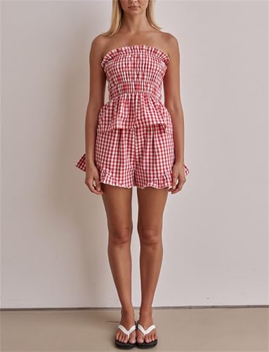 Image of Yuemengxuan Women Shirred Top Shorts Summer Outfits Set 2 Piece Striped Pajamas Set Sleeveless Ruched Bandeau Tube Top Shorts (Red #F, XL)
