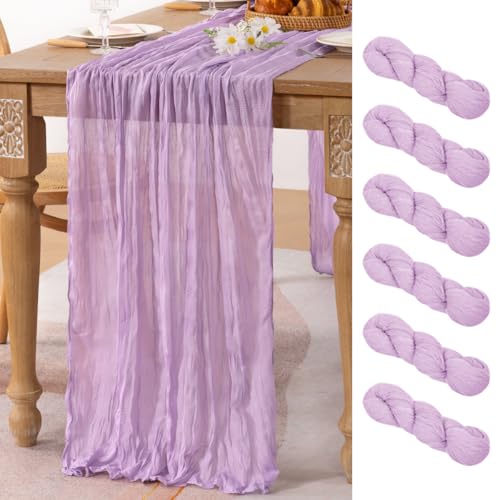 Image of MLMC 6 Pack Lilac Purple Table Runner 10ft Lavender Cheesecloth Table Runner Rustic Gauze Cheese Cloth Summer Centerpiece Decor 65x120 Inches for Bridal Shower Birthday Wedding Decor