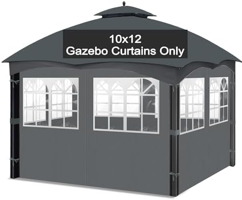 10'x12' gazebo curtains outdoor waterproof with pvc windows, 4-panel sidewalls universal replacement privacy curtain, outdoor gazebo curtains for patio, backyard grey