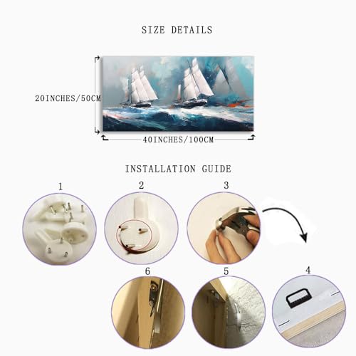 RUISHI Ocean Wall Art For Living Room Abstract Sailboat Canvas Nautical Painting Teal Blue Textured Print Coastal Themed Picture Artwork for Bedroom Bathroom Home Office Decoration 40L x 20W - Image 2