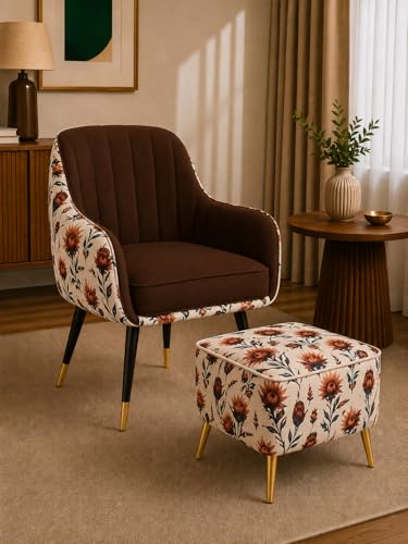 Image of Designer Accent Chair with Floral Printed Back & Footstool | Velvet Lounge Chair for Living Room, Makeup Vanity & Bedroom (Dark Brown Floral Set)