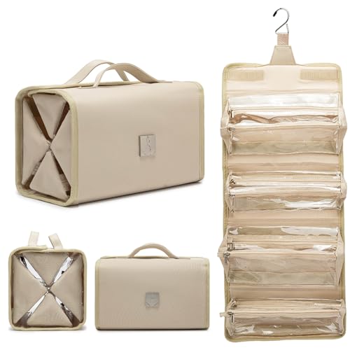 ROYALFAIR Roll Up Makeup Bag, Travel Toiletry Bag for Women with 4 Clear TSA Approved Pouches, Hanging Travel Organizer, Folding Cosmetic Bag for Men and Women (khaki)