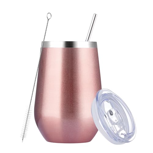 MEWAY Stemless 12oz Insulated Wine Tumbler with Lid and Straw - Double Wall Stainless Steel Thermal Cup for Hot and Cold Drinks, Bridal Shower Prizes for winners(Rose Gold,1)
