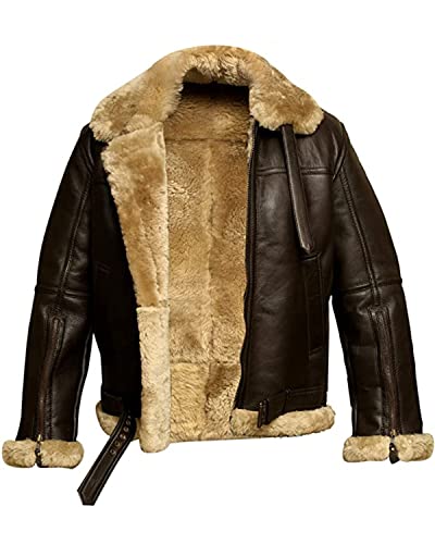 Febzo Fashions Men's Shearling Leather Bomber B3 Aviator Theme Real Fur Dark Brown Jacket (US, Alpha, 4X-Large, Regular, Regular, Dark Brown)