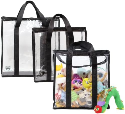 MiniOwls Bin and Chest Organizing Bags – Waterproof Clear Plastic Travelling Pouch. Storage for Toys, Kids Books, Balls, Blocks and Games. (set of 3; 12x12x4)