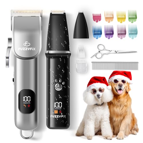 FuzzyFix Dog Grooming Kit, Dog Clippers for Grooming for Thick Curly Coats, Professional Pet Hair Shaver Paw Trimmer Cordless Rechargeable Low Noise for Dogs Cats Animals Face Ear
