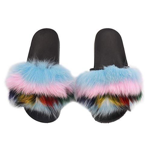 surell - Womens Real Genuine Fox Fur Strap Slippers - Fluffy Furry Soft Footwear Slides for Indoor Outdoor Use -Comfortable Shoes Rainbow Multicolored Striped Slides-(Size 10, Blue/Pink/Brown Multi2