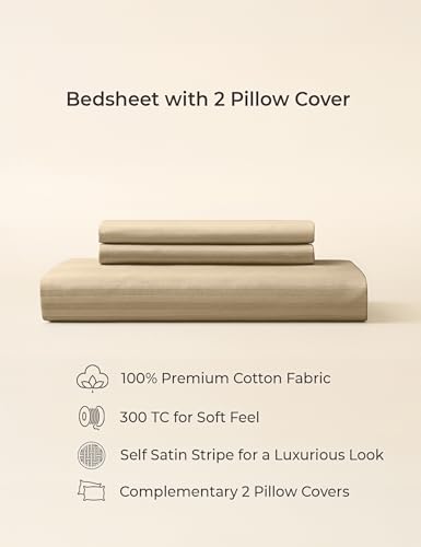 Image of Symbol Premium 100% Pure Cotton Soft Bedsheet for Double Bed - King Size (108x108 inches) with 2 Pillow Covers (27x17 inches) | 300 Threadcount