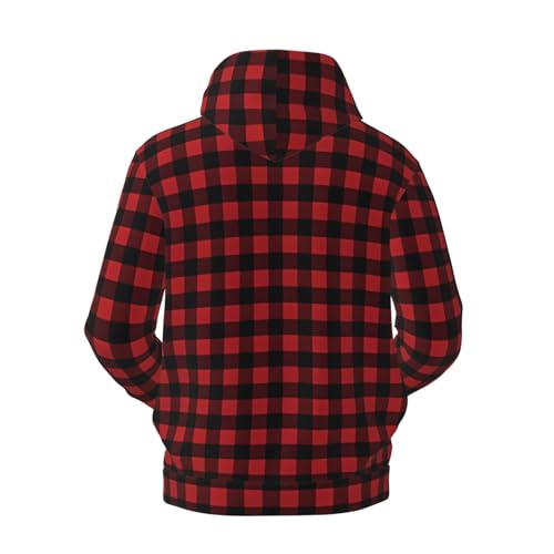 Men's Fleece Pullover Hoodies, Red Black Buffalo Check Plaid Pattern Printed Casual Drawstring Hooded Sweatshirts Hoodies2