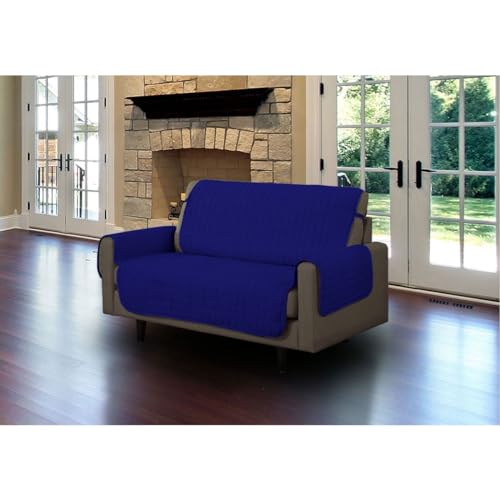 Linen Store Furniture Protector, Quilted Microfiber Machine Washable Cover with Tucks & Elastic Strap Perfect for Kids, Dogs, Pets (Navy, Loveseat)