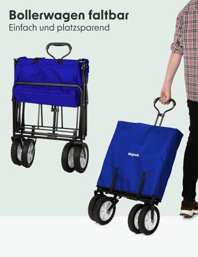 LifeGoods Bollerwagen Faltbar - Faltbarer Bollerwagen - Handwagen Klapbarr - Gartenwagen - Transportwagen - Strandwagen - Strand - Klappbarer – 360 Grad Drehbare Vollgummireifen - 94L– 98x45cm - Blau – Bild 4