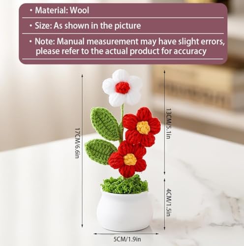Image of VRB Dec Plastic TM 1 Pcs Crochet Flowers Artificial Daisy for Office Desk Car Dashboard Decor,Home Decoration, Office, Bedroom, Christmas Decor, Wedding,Diwali. (Triple Red Daisy with Pot)