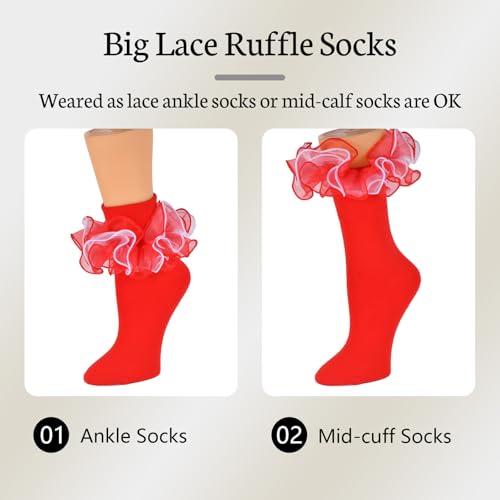 Image of Women Ruffle Socks with 4-Layer Big Frilly Lace Turn Cuff Dress Socks Adult Soft Cotton Fancy Frilly Sock (US, Alpha, One Size, Regular, Regular, 3 Pairs A)