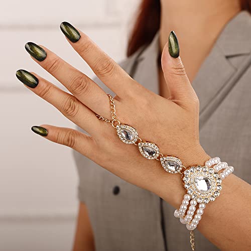 Denifery Vintage 1920S Flapper Pearl Bracelet Rhinestone Finger Ring Link Bracelet Stretch Adjustable Hand Chain for Wedding Brides4