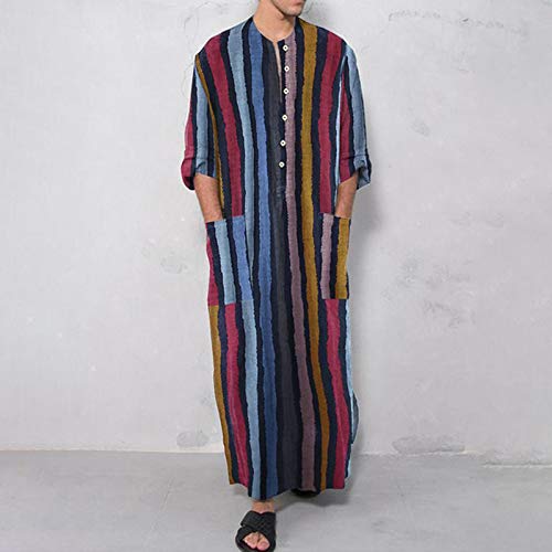 Men Colorful Striped Kaftan Robe Arabic Long Sleeve Buttons Maxi Loose Tops with Pockets Dubai Clothing2