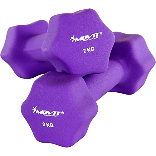 MOVIT Lot de 2 haltères en néoprène, haltères courts avec surface en néoprène, 2x 2 kg Violet