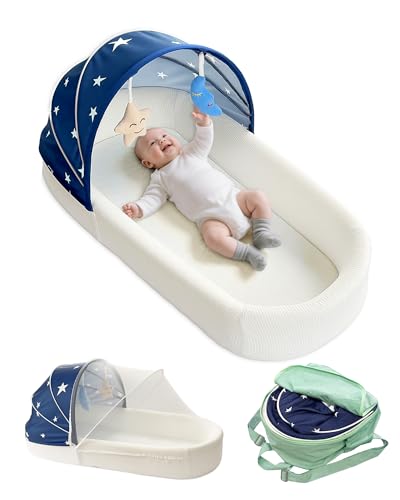 Large Portable Baby Lounger Nest-Travel Bassinet,Canopy & Mosquito Net-Lightweight Foldable Bassinet Lounger Cotton Cover & Supportive Mattress pad Washable Indoor-Outdoor Use,Blue