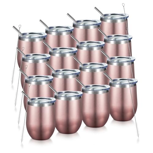 COMOOO Rose Gold Stainless Steel Wine Tumbler Bulk with Lid and Straw 12oz Double Wall Vacuum Insulated Travel Tumbler Cup for Coffee Wine Cocktails Ice Cream Cup Rose Gold, 16 pack