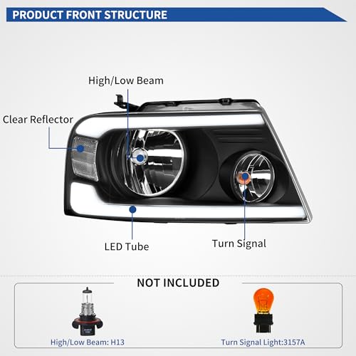 Image of oEdRo Switchback Turn Signal & LED DRL Headlights Compatible with 2004-2008 Ford F150 Pickup / 2006-2008 Lincoln Mark LT Headlamp Replacement Black Housing Clear Reflector Clear Lens
