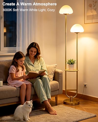 Image of 2-Light Gold Dimmable Floor Lamp with Table, Modern Floor Lamps for Living Room, 3000K Warm White Tall Standing Lamp with Mushroom Shades & Bulbs for Bedroom /Office