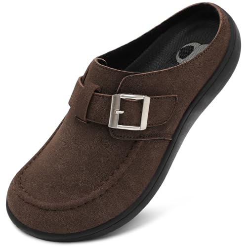 Image of Women's Suede Clogs Zero Drop Mules Flat Slippers Wide Fit Slip on Comfy Sandals Potato Shoes with Adjustable Buckle Coffee 5 UK