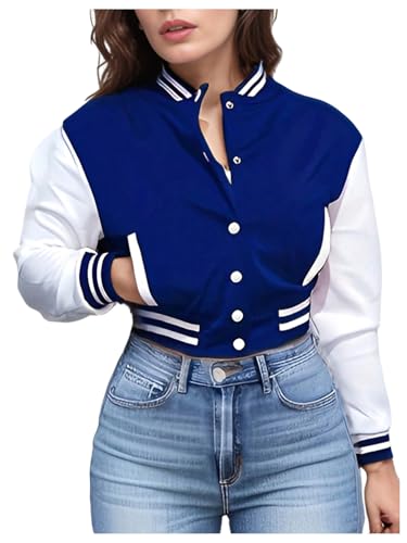 SHENHE Women's Varsity Baseball Jacket Button Down Colorblock Letterman Cropped Bomber Jacket