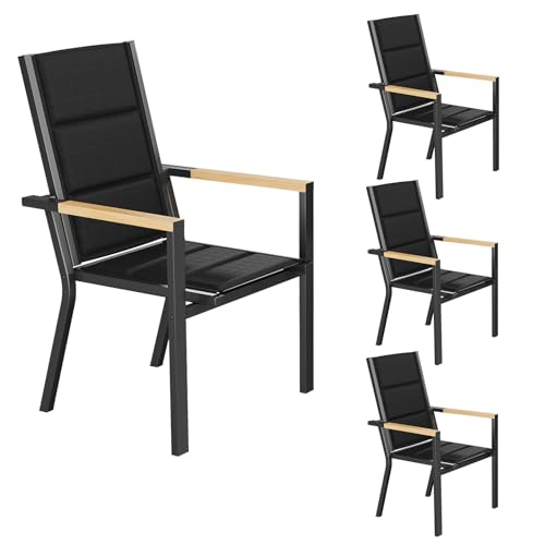 JUMMICO Lot de 4 Chaises de Jardin en Aluminium avec Accoudoirs Imitation Bois – Empilables et Rangeables sous Table, Charge 160 kg – Idéales pour Jardin,...