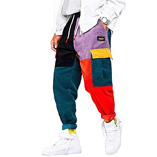 Astellarie Mens Hip hop Harem Pants Color Patchwork Streetwear Cargo Pants Casual Running Sport Drawstring Long Pants