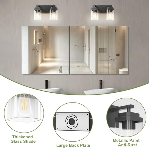 Image of Black Bathroom Light Fixtures, 2 Lights Bathroom Lighting Fixtures Over Mirror, Square Design & Rectangle Large Backplate, Modern Vanity Lighting Fixtures, for Bathroom /Living Room /Bedroom