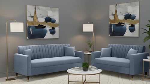 Image of AMATA Omega 3+2 Seater Sofa Set Light Grey Suede Velvet Fabric with Two Cushions Perfect for Home Office Guests Living Room (Omega Light Grey, 3+2 Seater)(3 Year Warranty)
