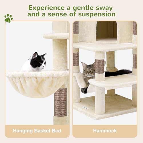 Image of Globlazer Corner Cat Tree for Large Cats, 66inch Tall Curved Series Large Cat Tower for Multiple Indoor Cats with 6 Scratching Posts, 2 Spacious Cat Condos, Hammock, Hanging Basket, C66, Beige