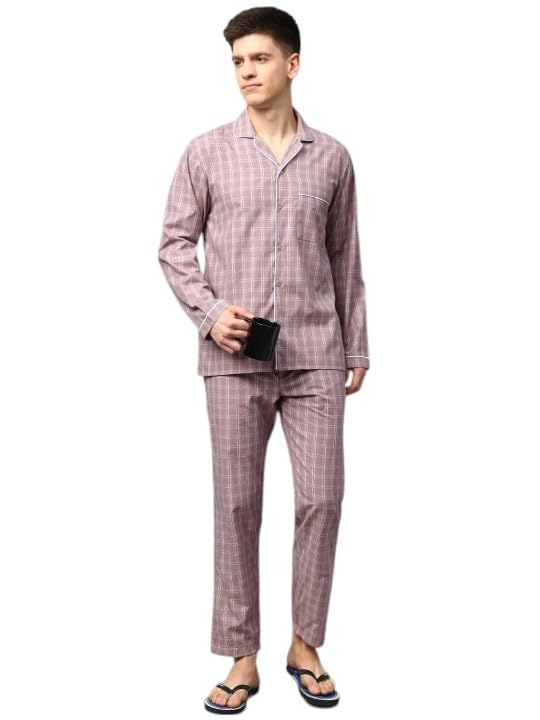 Men Wrinkle Resistant Checked Lapel Collar Night Suit