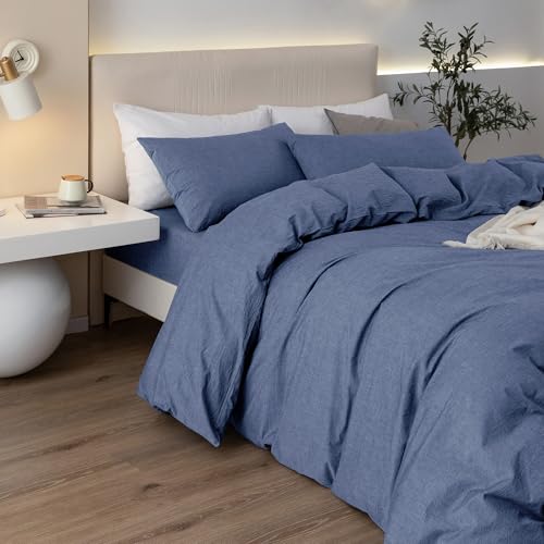 JIYUAN 100% Washed Cotton Duvet Cover Set 2 Pieces Twin, 1 Duvet Cover 68x90 Inches(Comforter Not Included) and 1 Pillowcase,Linen Like Comfy and Breathable,Heathered Blue