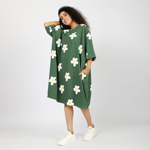 Image of LAMA STORE Women's Printed Oversized T-Shirt Dress, Cotton, 3 /4 Sleeve Length, Casual Loose Fit, Comfort Wear Extra Comfy Oversized Printed Pocket T-Shirt Dress