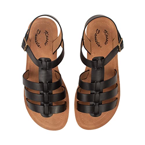 Kassie Daniela ~ Jazmine ~ Flat Strap Sandals With Side Buckle Clasp Summer Spring Beach Shoes For Women Girls & Teens (Black Pu, 8) #TOP4