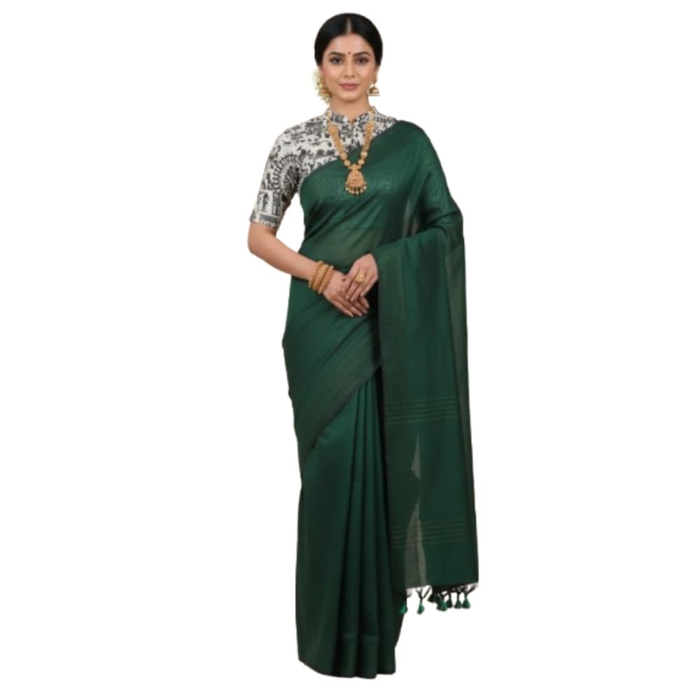 Premium Khadi Cotton Saree – Elegant Bottle Green Handwoven Saree with Tassel Border | Soft, Lightweight & Breathable Fabric for Daily, Office-picture-43