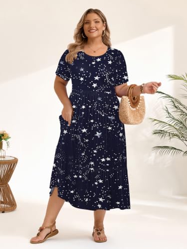 Image of LARACE Plus Size Dresses for Women Summer Maxi Casual Dress with Pockets | plus size summer dresses women, soft rayon, flowy maxi, short sleeve, pockets, flattering & covers belly, beach wear, L-6XL