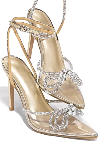 MissHeel Rhinestone Ankle Strap Clear Pumps Heels with Crystal Double Bows 3 inch
