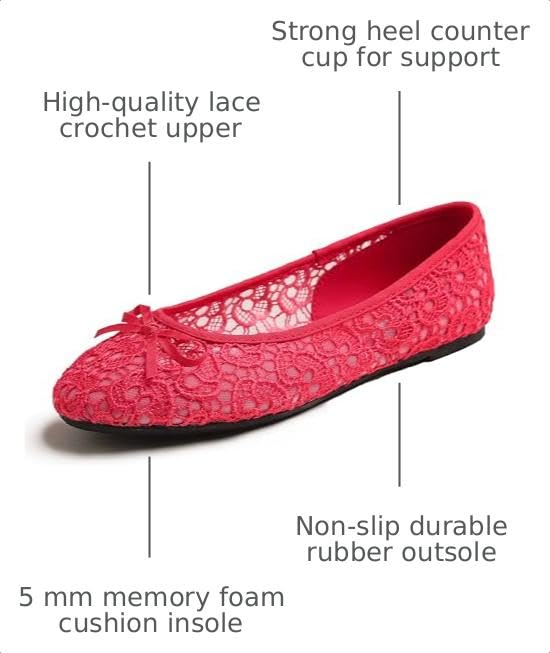 Image of FEVERSOLE Round Toe Lace Ballet Crochet Flats Women's Comfy Breathable Shoes