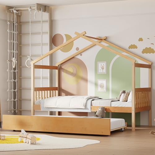 Image of Twin Size Creativity House Bed with Roof Frame and Twin Size Trundle, Montessori Wooden Platform Bed with Sturdy Slats Support for Kids Teens Girls Boys, No Box Spring Needed (Natural-02, Twin)