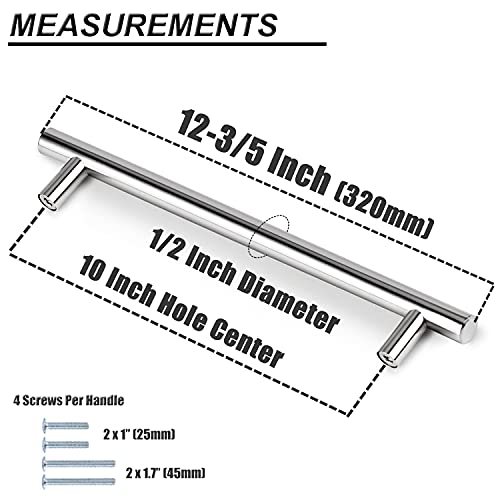 Image of Probrico Polished Chrome Cabinet Pulls Kitchen Hardware, Round Bar Pulls for Cabinet Doors Euro Style Drawer Pulls Stainless Steel Handles for Bathroom Bedroom, 10 inch Hole Centers, 12 Pack