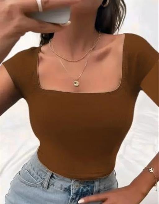 Image of Square Neck Sleeveless Unique Crop Top for Women - Lycra, Solid Design, Comfortable Fit, Stylish Summers
