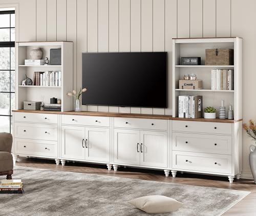 WAMPAT Entertainment Center with Bookshelves for TVs up to 75", Farmhouse Wall Unit TV Stand with Doors & Drawer, Media Console Table for Living Room, Bedroom & Home Theater, White