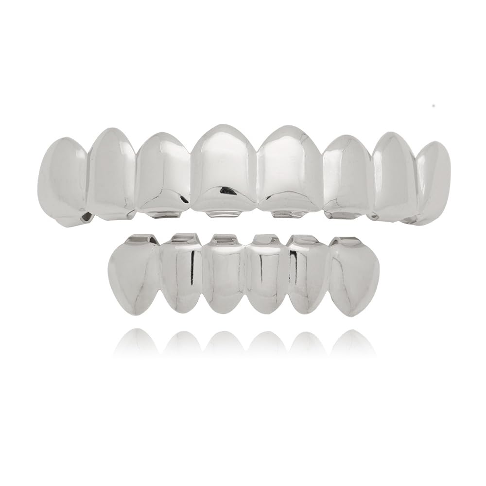 Qiwenr Silver Hip Hop Teeth Grills for Mouth Top Bottom, Unisex Adults, Modern Style, Halloween Occasion