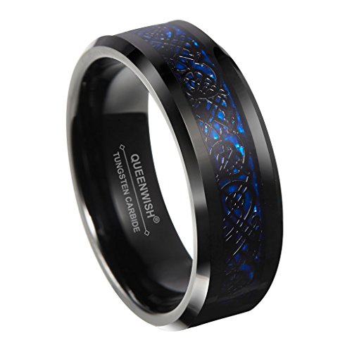 QUEENWISH 6mm/8mm Blue Tungsten Carbide Ring Celtic Dragon Blue Carbon Fibre Inlay Mens Wedding Band Comfort Fit