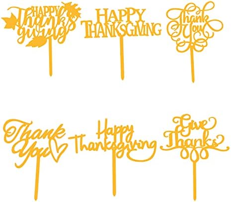 6 PCS Gold Happy Thanksgiving Cake Topper Maple Leaf Cake Decoration Give Thanks Cake Toppers for Birthday Party,Thanksgiving Party Autumn Fall Harvest Decorations