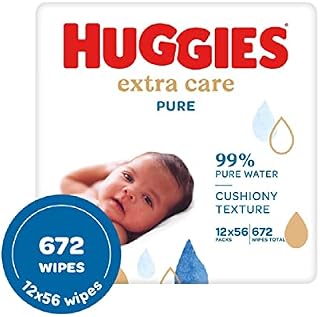 Huggies Pure Extra Care, Baby Wipes - Box with 12 Packs (672 Wipes Total) - 99 Percent Pure Water Wet Wipes - Fragrance Free to Clean and Protect Sensitive Skin