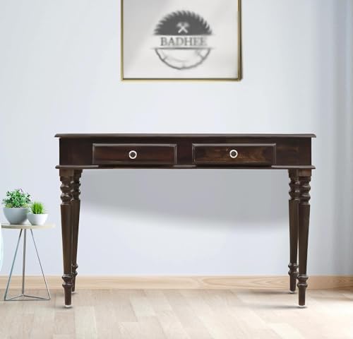 Image of Brown Solid Sheesham Wood Study Table | Modern & Contemporary Writing Desk for Adults | 2 Drawer Computer Table for Home & Office Work | Heavy Duty & Convertible | 114.3 D x 58.8 W x 76.2 H cm