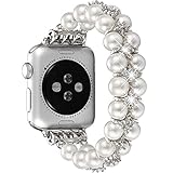 fastgo Compatible with Apple Watch Band 38mm 40mm,Women Girls Fancy Handpicked Artificial Pearl Elastic Stretch Bracelet Jewelry Wristband Compatible for Iwatch Series 5/4/3/2/1(Pure White, 38mm/40mm)